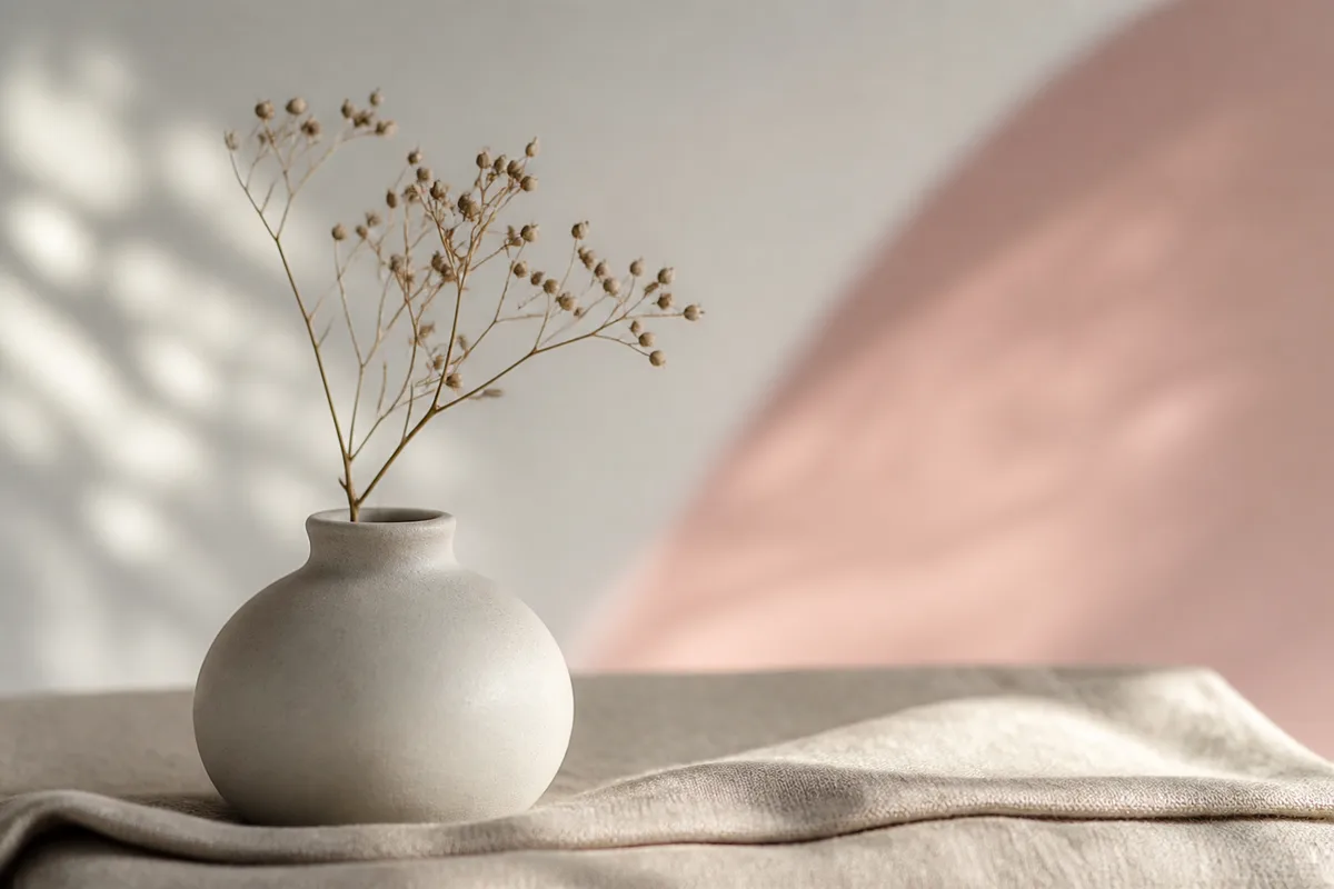 Un vase en céramique et une branche délicate dans une lumière rosée