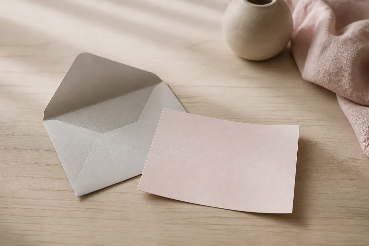 Une enveloppe ouverte et une carte vierge posées sur une table claire